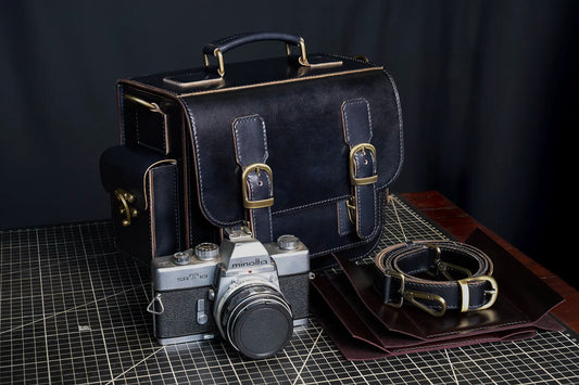 Black handcrafted leather camera bag