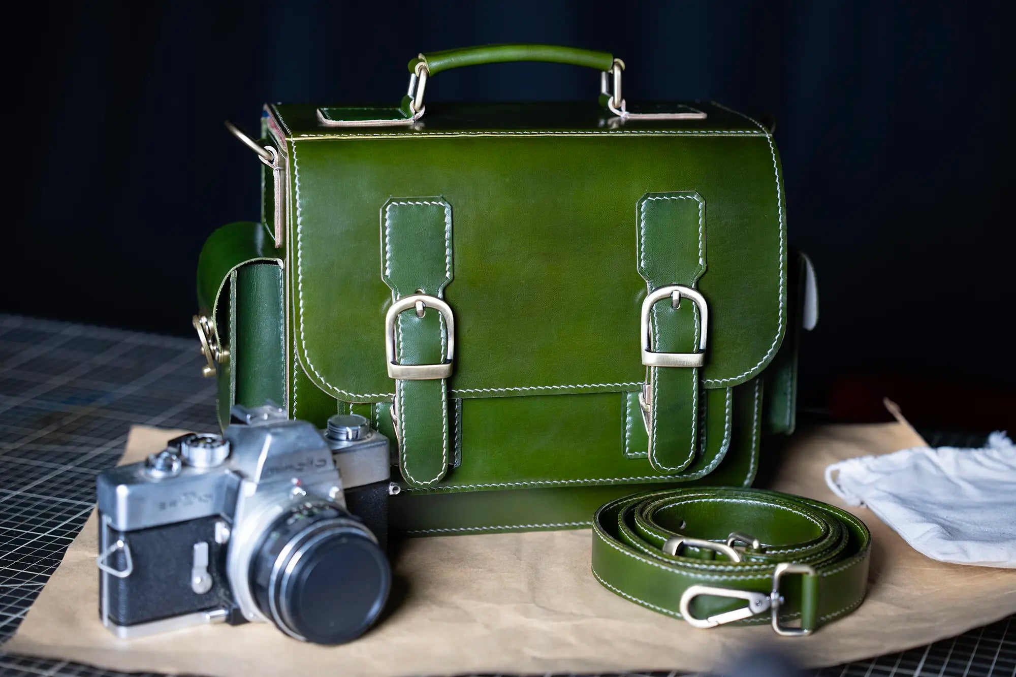 Handmade green leather camera bag – satchel design