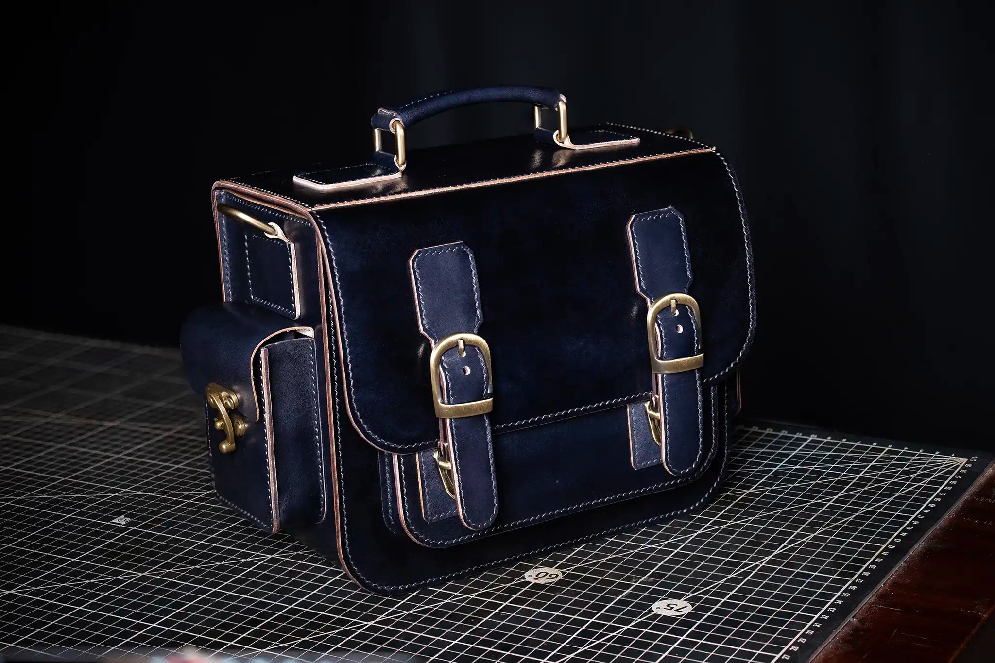 Handmade black leather camera bag – satchel design