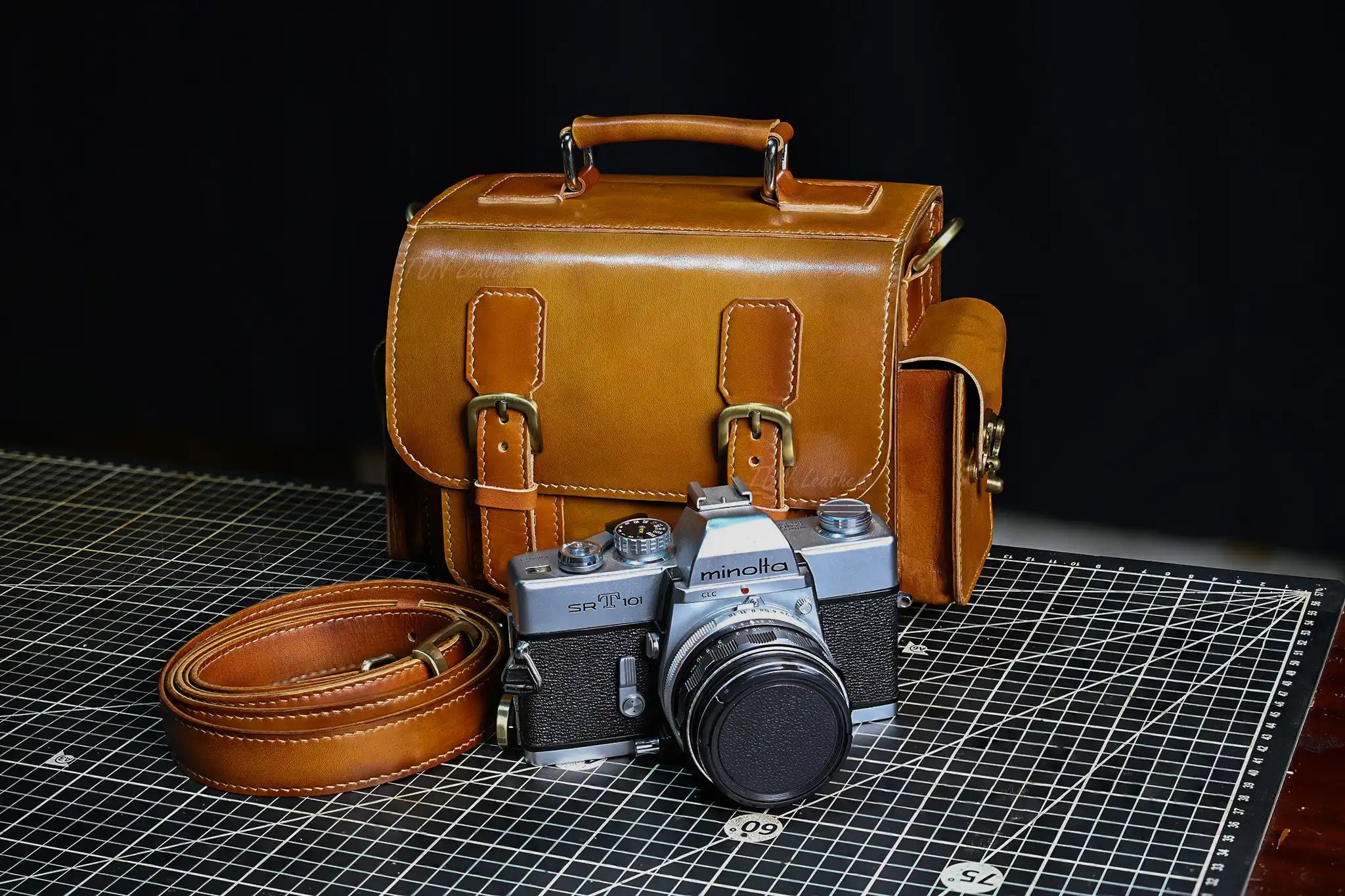 Handmade brown leather camera bag – satchel design