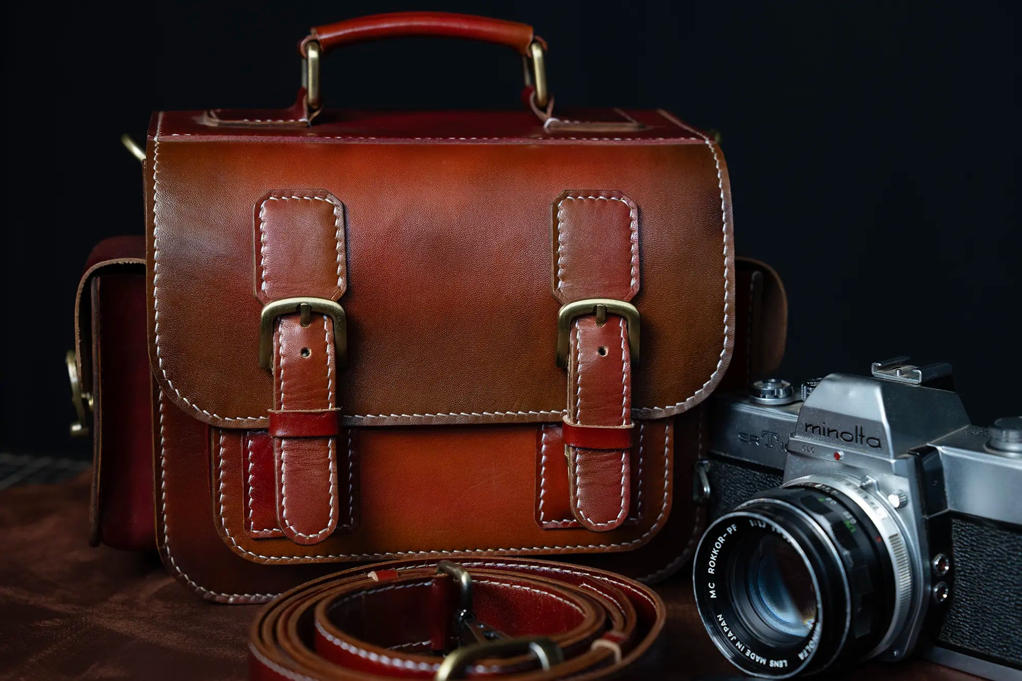 Handmade burgundy leather camera bag – satchel design