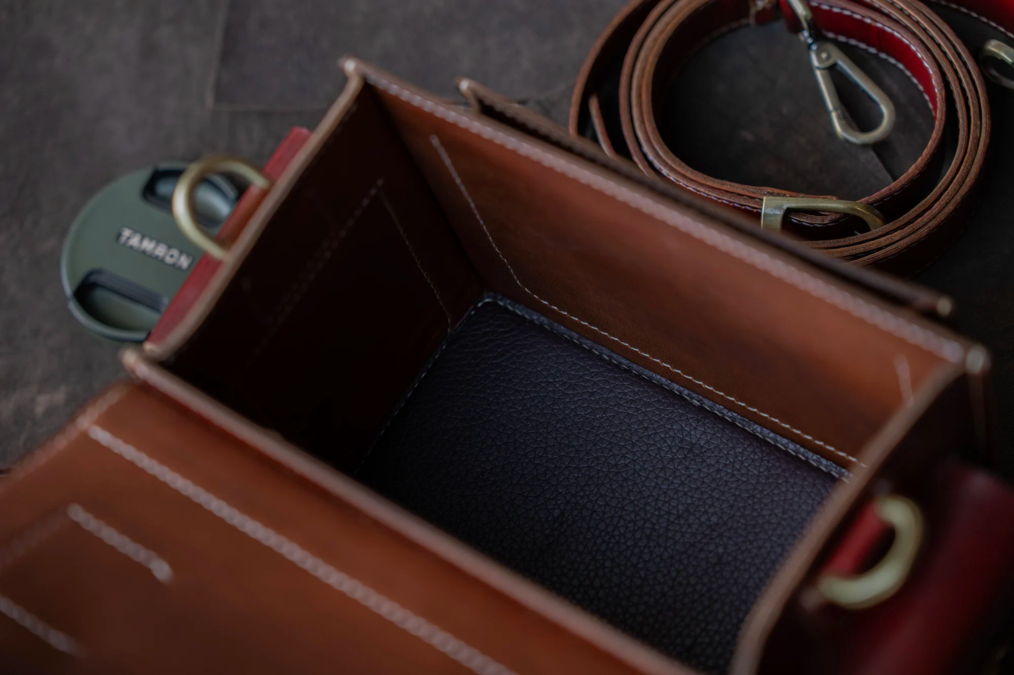 Interior shockproof padding detail of handmade leather camera bag