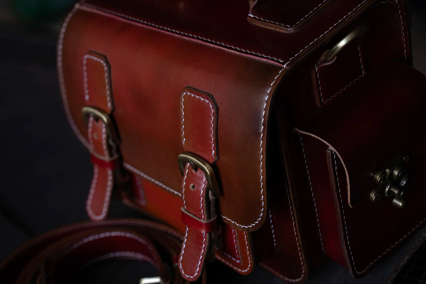 Handmade burgundy leather camera bag – satchel design