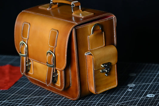 Large handcrafted light-brown leather camera bag
