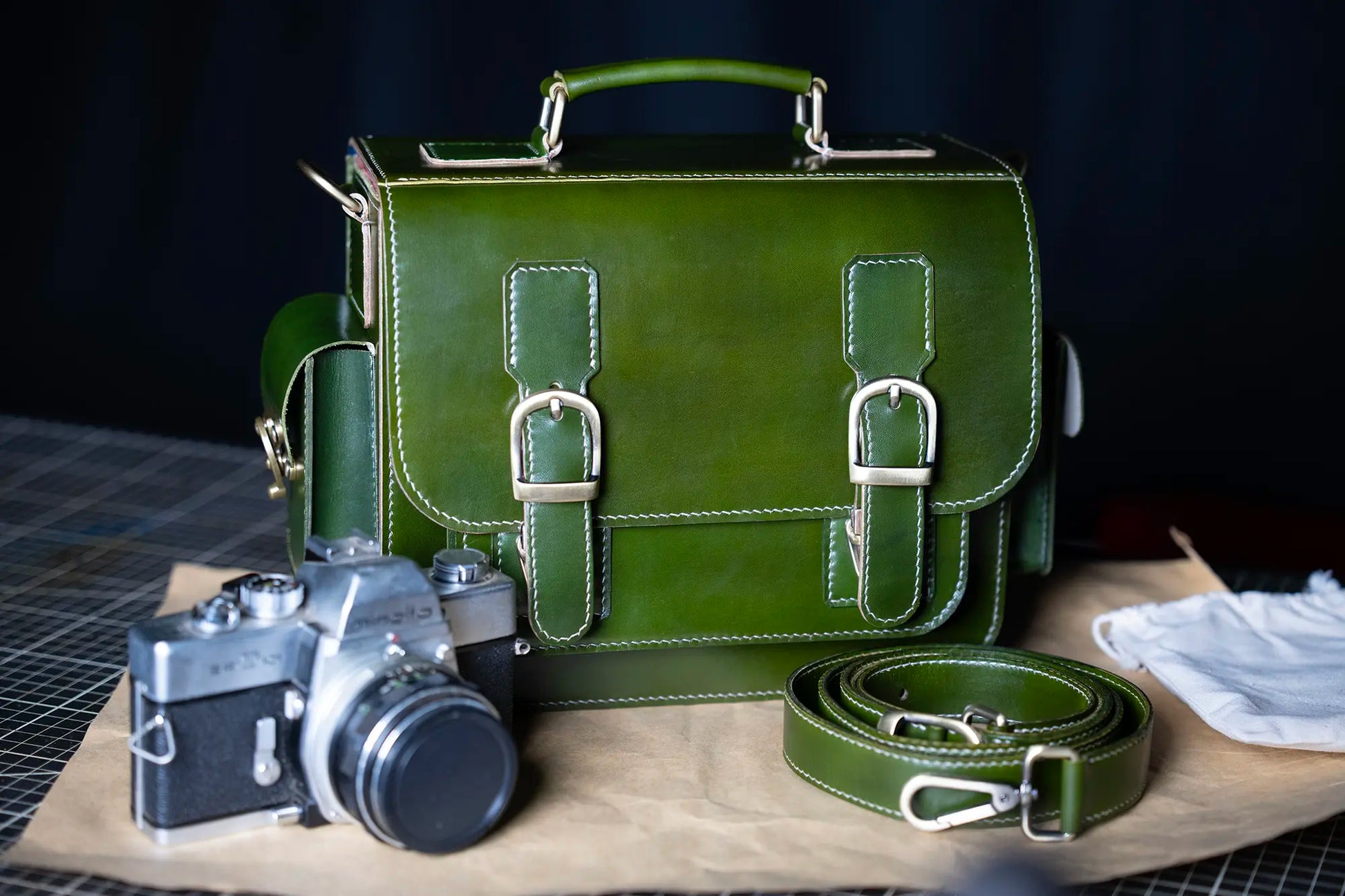 Handmade green leather camera bag – satchel design